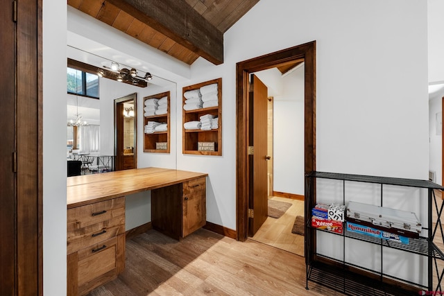 office area with vaulted ceiling with beams, a notable chandelier, hardwood / wood-style floors, and wooden ceiling