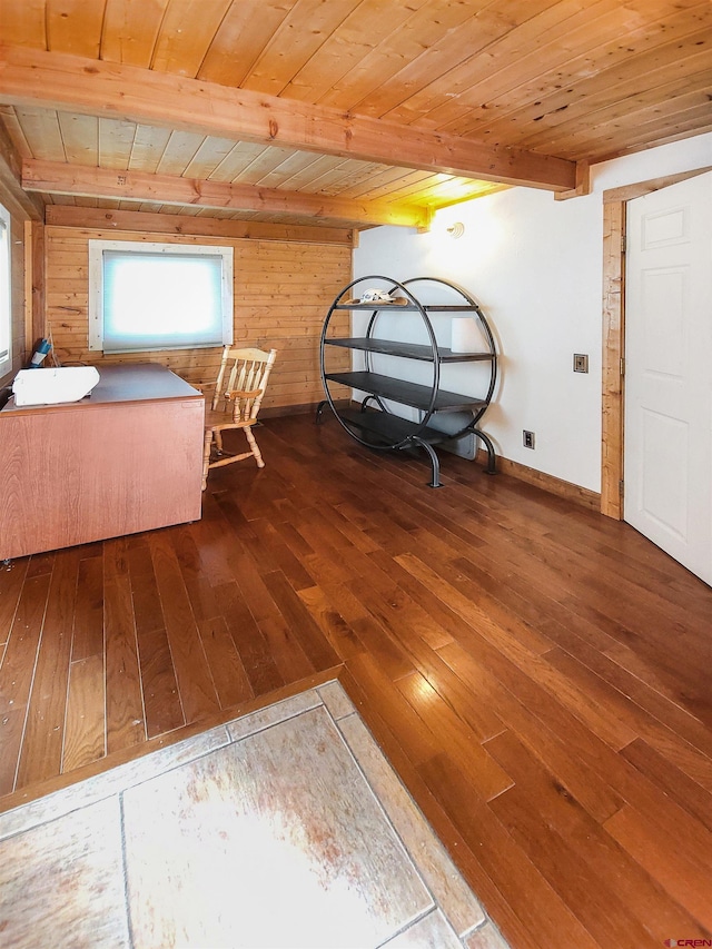 bedroom with hardwood / wood-style flooring, beam ceiling, wooden walls, and wooden ceiling