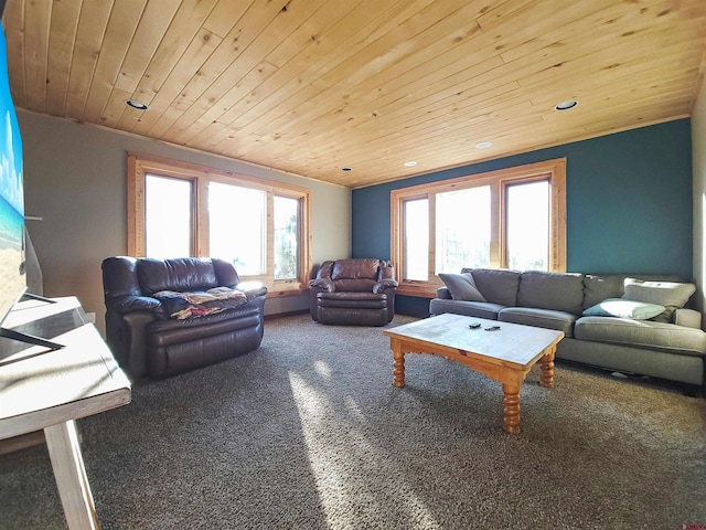 living room featuring carpet flooring and wood ceiling