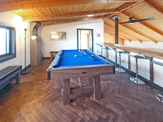 recreation room featuring ceiling fan, pool table, wooden ceiling, and lofted ceiling with beams