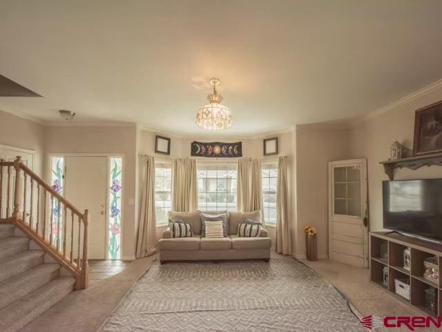 living room featuring a wealth of natural light, carpet floors, and crown molding