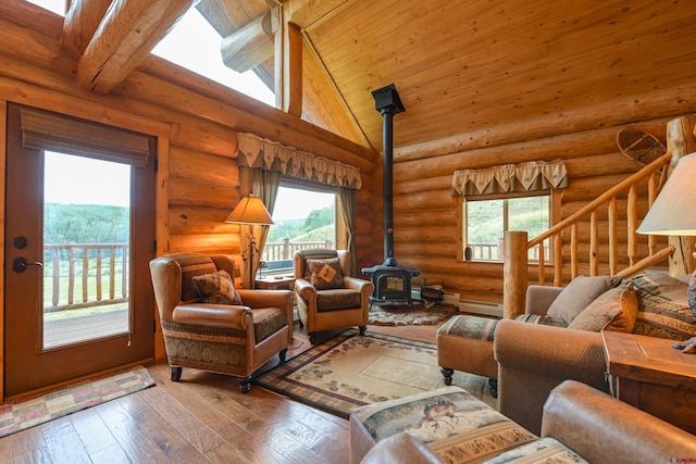 living room featuring a wood stove, high vaulted ceiling, wood-type flooring, rustic walls, and wooden ceiling