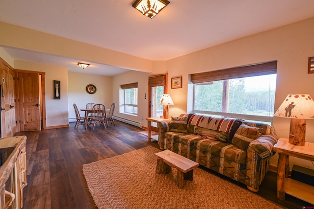 living room featuring baseboard heating and dark hardwood / wood-style floors