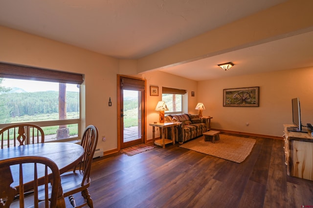 dining space with dark hardwood / wood-style flooring