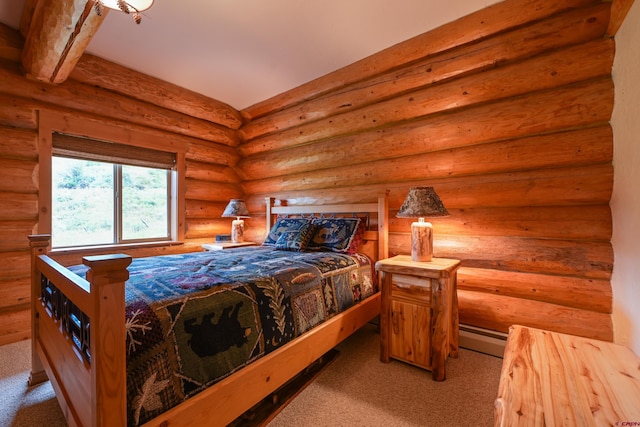 carpeted bedroom with log walls and baseboard heating