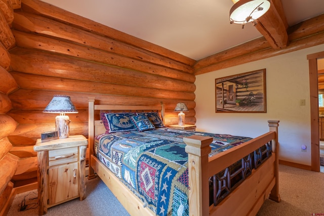 bedroom featuring rustic walls, carpet flooring, and beamed ceiling