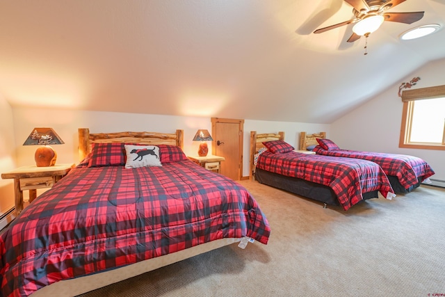 carpeted bedroom featuring ceiling fan and vaulted ceiling