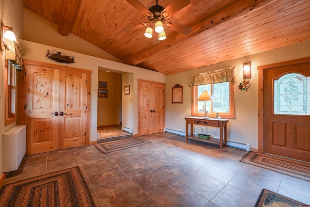 tiled foyer entrance featuring ceiling fan, wooden ceiling, a baseboard radiator, and lofted ceiling with beams