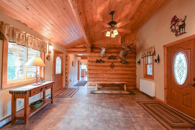 tiled entryway featuring lofted ceiling with beams, radiator, rustic walls, ceiling fan, and wood ceiling