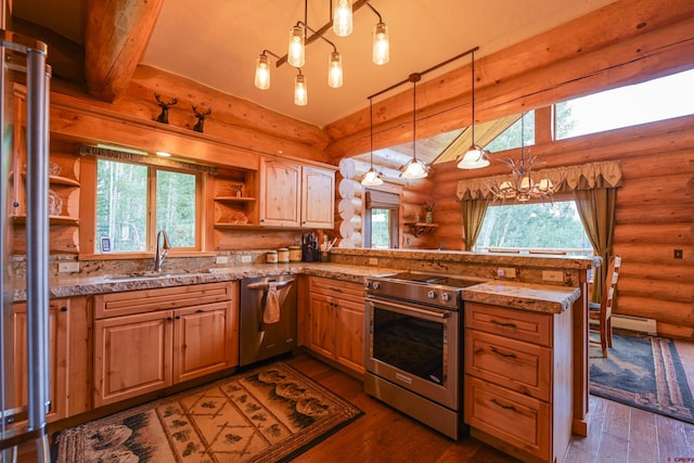 kitchen with sink, decorative light fixtures, log walls, appliances with stainless steel finishes, and hardwood / wood-style flooring