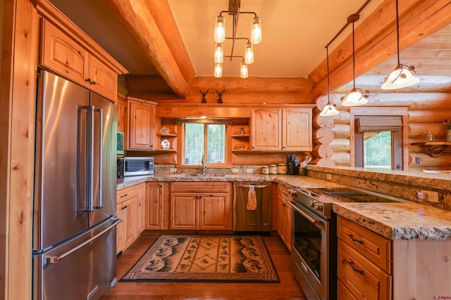 kitchen featuring beamed ceiling, high quality appliances, rustic walls, dark wood-type flooring, and hanging light fixtures