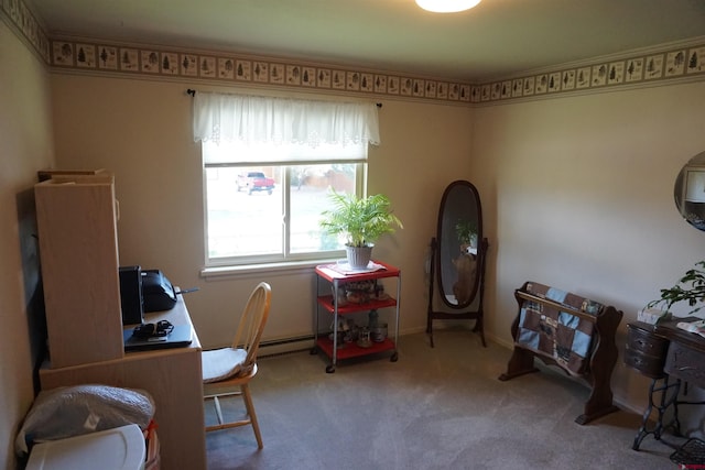 office space with light colored carpet and baseboard heating