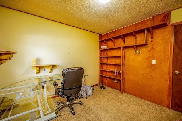 office space featuring carpet flooring and a textured ceiling