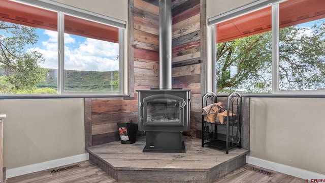 details featuring hardwood / wood-style flooring and a wood stove