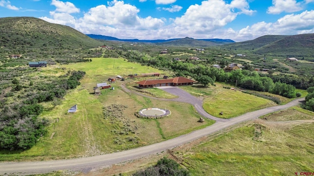 birds eye view of property with a mountain view