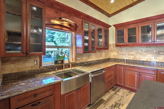 kitchen featuring a sink, glass insert cabinets, stainless steel dishwasher, and ornamental molding