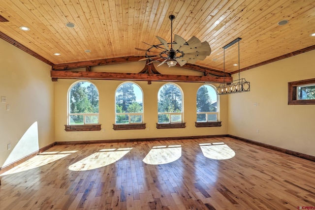 empty room with lofted ceiling, light wood finished floors, wood ceiling, and baseboards