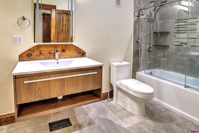 full bathroom with enclosed tub / shower combo, visible vents, vanity, and toilet