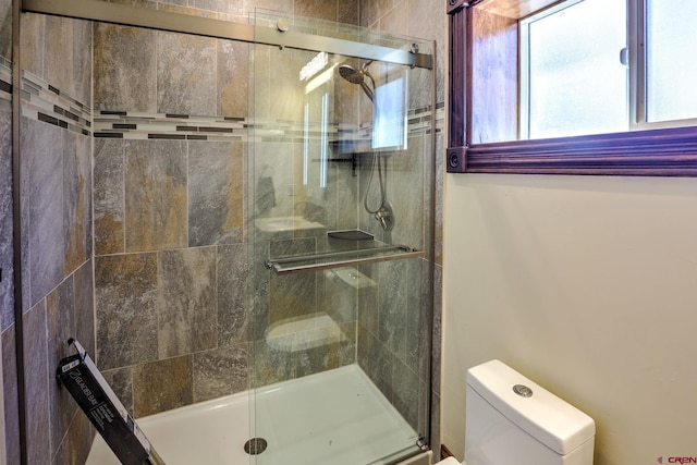 full bathroom featuring toilet and a shower stall