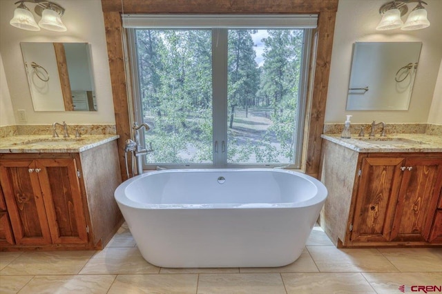 bathroom featuring a tub, vanity, and a healthy amount of sunlight