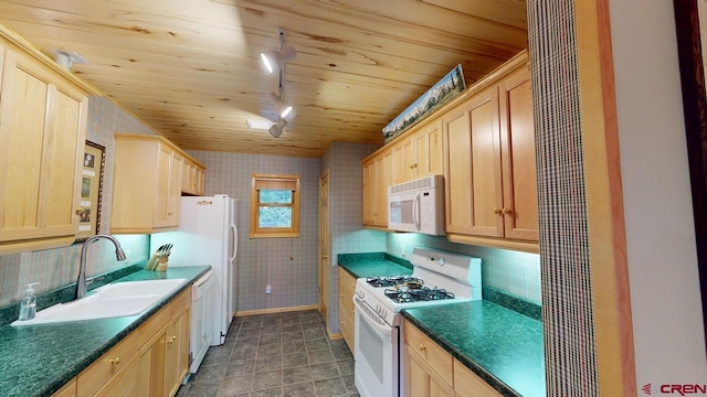 kitchen featuring light brown cabinets, tile patterned flooring, wooden ceiling, sink, and white appliances