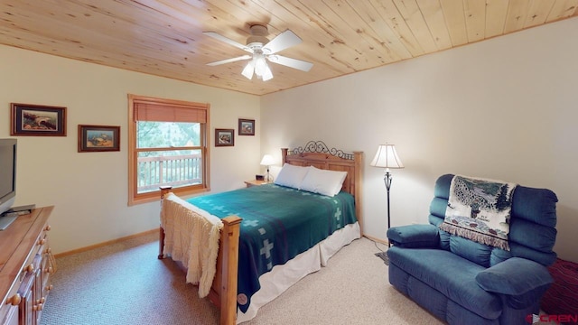 carpeted bedroom featuring wood ceiling and ceiling fan