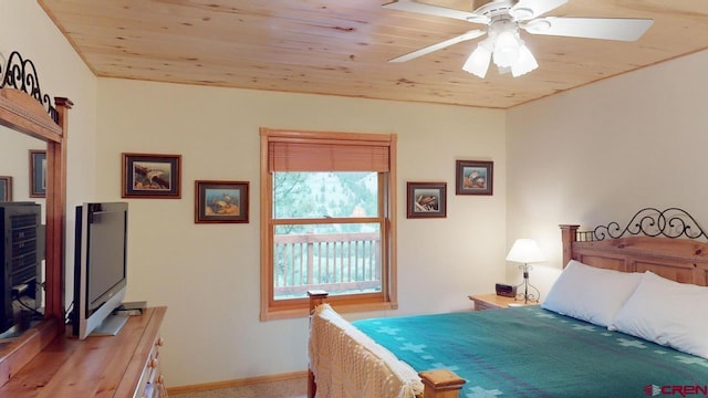 bedroom with ceiling fan and wood ceiling