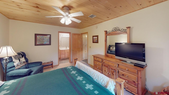 carpeted bedroom featuring wood ceiling, ceiling fan, and connected bathroom