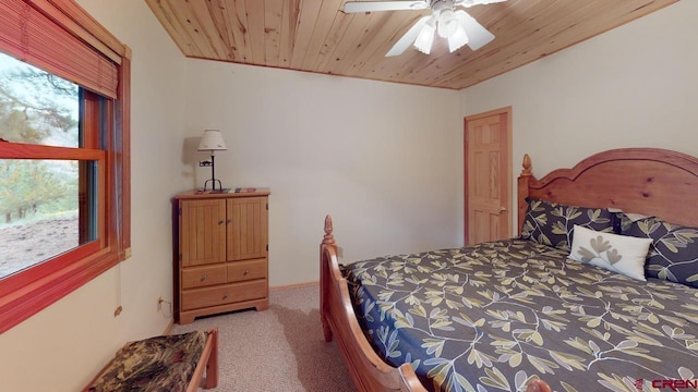 bedroom with ceiling fan, carpet, and wood ceiling