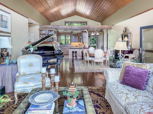 living room featuring wood ceiling, wood-type flooring, and lofted ceiling