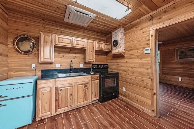 kitchen with wooden walls, sink, wooden ceiling, and black range with electric cooktop