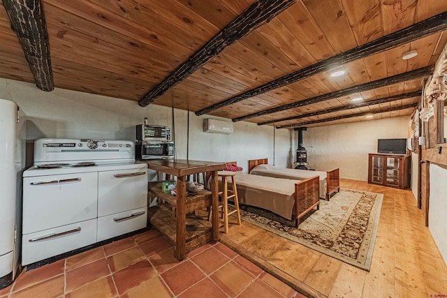 kitchen with tile patterned floors, beamed ceiling, white electric range oven, and wooden ceiling