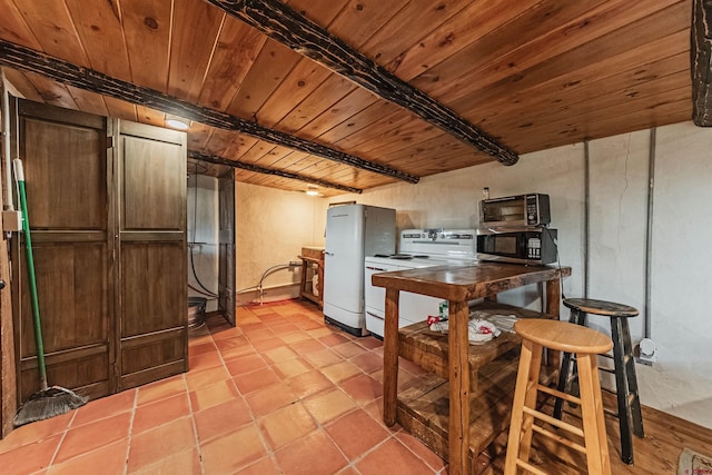 kitchen with light tile patterned floors, white appliances, wood ceiling, and beamed ceiling