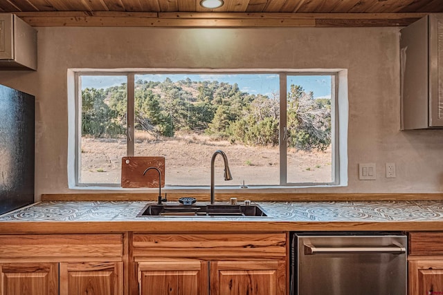 kitchen with wood ceiling, a wealth of natural light, and sink