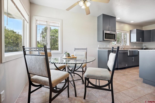 dining area with recessed lighting and ceiling fan