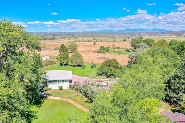 birds eye view of property featuring a mountain view and a rural view