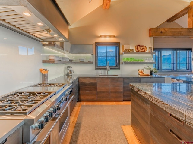 kitchen featuring light wood-type flooring, beamed ceiling, island range hood, double oven range, and sink