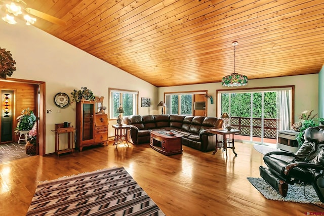 living room featuring wood-type flooring, plenty of natural light, wooden ceiling, and vaulted ceiling