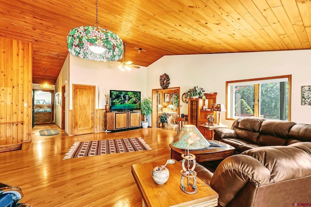 living room with wooden ceiling, high vaulted ceiling, light hardwood / wood-style flooring, and ceiling fan