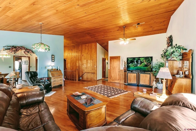 living room with wood ceiling, ceiling fan, wood walls, and wood-type flooring