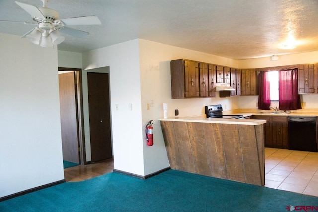 kitchen with kitchen peninsula, black appliances, light carpet, exhaust hood, and ceiling fan