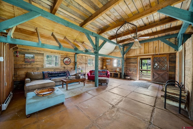 living room with wooden ceiling, lofted ceiling with beams, wood walls, and ceiling fan