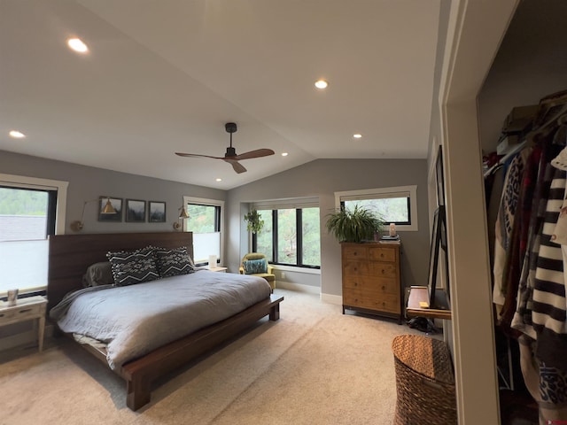 bedroom with baseboards, vaulted ceiling, light carpet, recessed lighting, and a ceiling fan