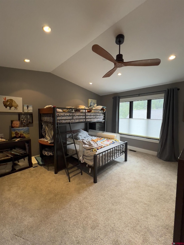 bedroom featuring visible vents, lofted ceiling, carpet flooring, recessed lighting, and a ceiling fan