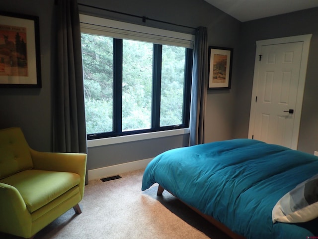 bedroom featuring vaulted ceiling, multiple windows, carpet, and visible vents