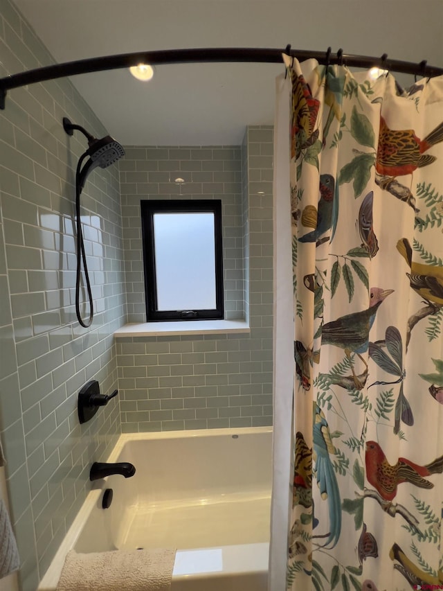 full bathroom with shower / bathtub combination with curtain