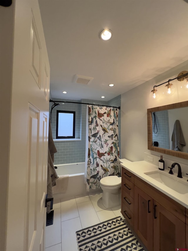 bathroom with tile patterned flooring, toilet, shower / tub combo with curtain, recessed lighting, and vanity