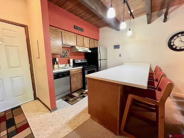 kitchen with a peninsula, beamed ceiling, wood ceiling, under cabinet range hood, and appliances with stainless steel finishes