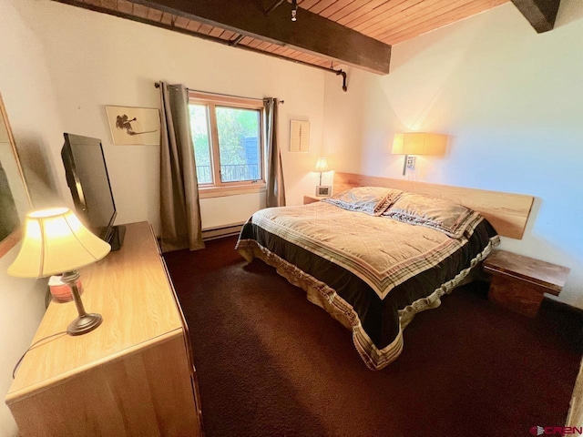 bedroom with wooden ceiling, baseboard heating, dark colored carpet, and beam ceiling