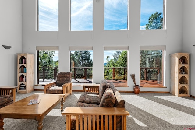 living room featuring carpet flooring and a towering ceiling